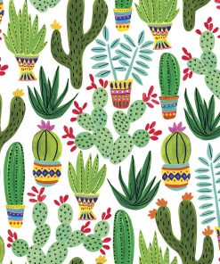Close up of wrapping paper showing succulents and cactuses on a white background.
