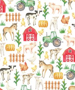 Close up of wrapping paper of adorable baby farm animals including horses, cows, goats, lambs, pigs, ducks and chickens in a farm scene with corn, barn and tractors.