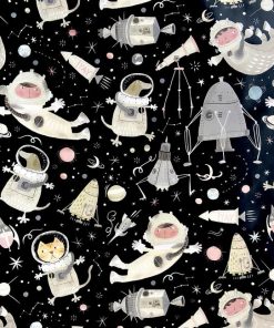 Close up of gift wrap pattern of a boy, cat, and dog in space suits, floating through outer space with rockets, space ships, planets, and stars.