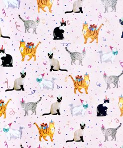 Close up of gift wrap pattern of whimsical kitties in party hats are surrounded by falling confetti on a pretty pink background.