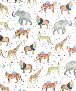 Close up of gift wrap pattern of the giraffes, lions, cheetahs, tigers and elephants in this stunning pattern wear party hats and bows, surrounded by party streamers and confetti.