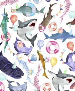 Close up of gift wrap pattern of great white sharks, hammerhead sharks, and a variety of other shark species wearing party hats and sunglasses and carrying balloons and gifts.