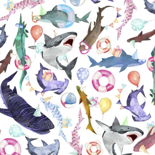 Close up of gift wrap pattern of great white sharks, hammerhead sharks, and a variety of other shark species wearing party hats and sunglasses and carrying balloons and gifts.