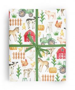 Baby farm animals wrapping paper, includes calf, lamb, foal, chicks, and piglets.