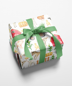 Gift wrapped box with adorable baby farm animals including horses, cows, goats, lambs, pigs, ducks and chickens in a farm scene with corn, barn and tractors.