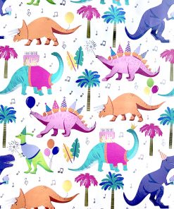 Close up of gift wrap pattern of sweet dinosaurs including T-Rex, stegosaurus and triceratops party with birthday cakes and balloons.