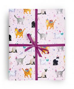 Flat box wrapped in gift wrap pattern of whimsical kitties in party hats are surrounded by falling confetti on a pretty pink background.