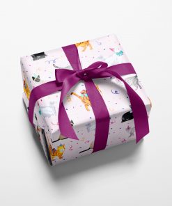 Gift wrapped box with whimsical kitties in party hats are surrounded by falling confetti on a pretty pink background.