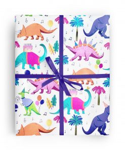 Flat box wrapped in gift wrap pattern of sweet dinosaurs including T-Rex, stegosaurus and triceratops party with birthday cakes and balloons.