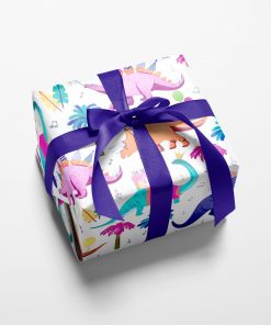 Gift wrapped box with sweet dinosaurs including T-Rex, stegosaurus and triceratops party with birthday cakes and balloons in this charming wrapping paper.