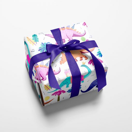 Gift wrapped box with sweet dinosaurs including T-Rex, stegosaurus and triceratops party with birthday cakes and balloons in this charming wrapping paper.