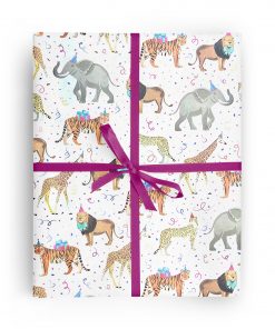 Flat box wrapped in gift wrap pattern of giraffes, lions, cheetahs, tigers and elephants in this stunning pattern wear party hats and bows, surrounded by party streamers and confetti.