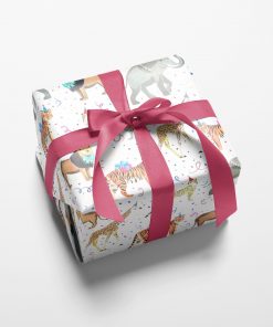 Gift wrapped box with giraffes, lions, cheetahs, tigers and elephants in this stunning pattern wear party hats and bows, surrounded by party streamers and confetti.