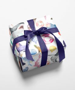 Gift wrapped box with great white sharks, hammerhead sharks, and a variety of other shark species wearing party hats and sunglasses and carrying balloons and gifts.