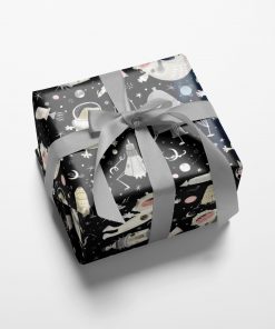 Gift wrapped box with a boy, cat, and dog in space suits, floating through outer space with rockets, space ships, planets, and stars.
